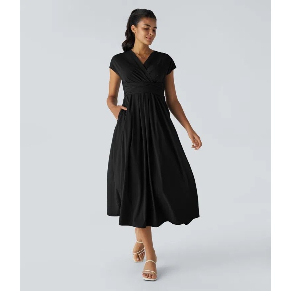NWT Halara Breezeful Black V-Neck Back Tie Quick Dry Midi Dress with Pockets 1X